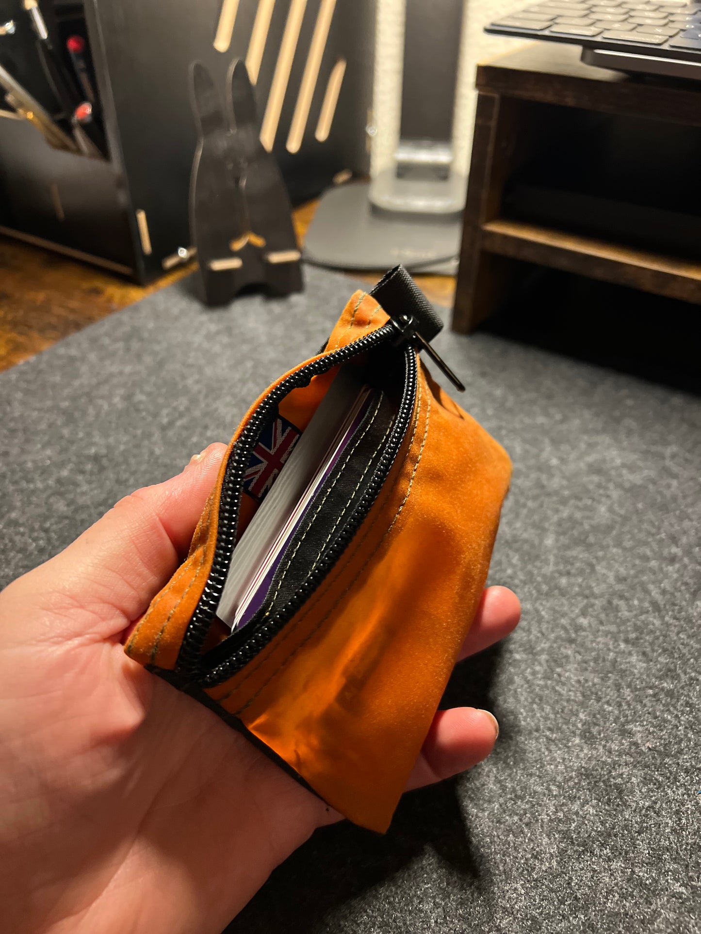 Pocket Wallet In Orange and Black Waxed Canvas With Extra Outside Pocket