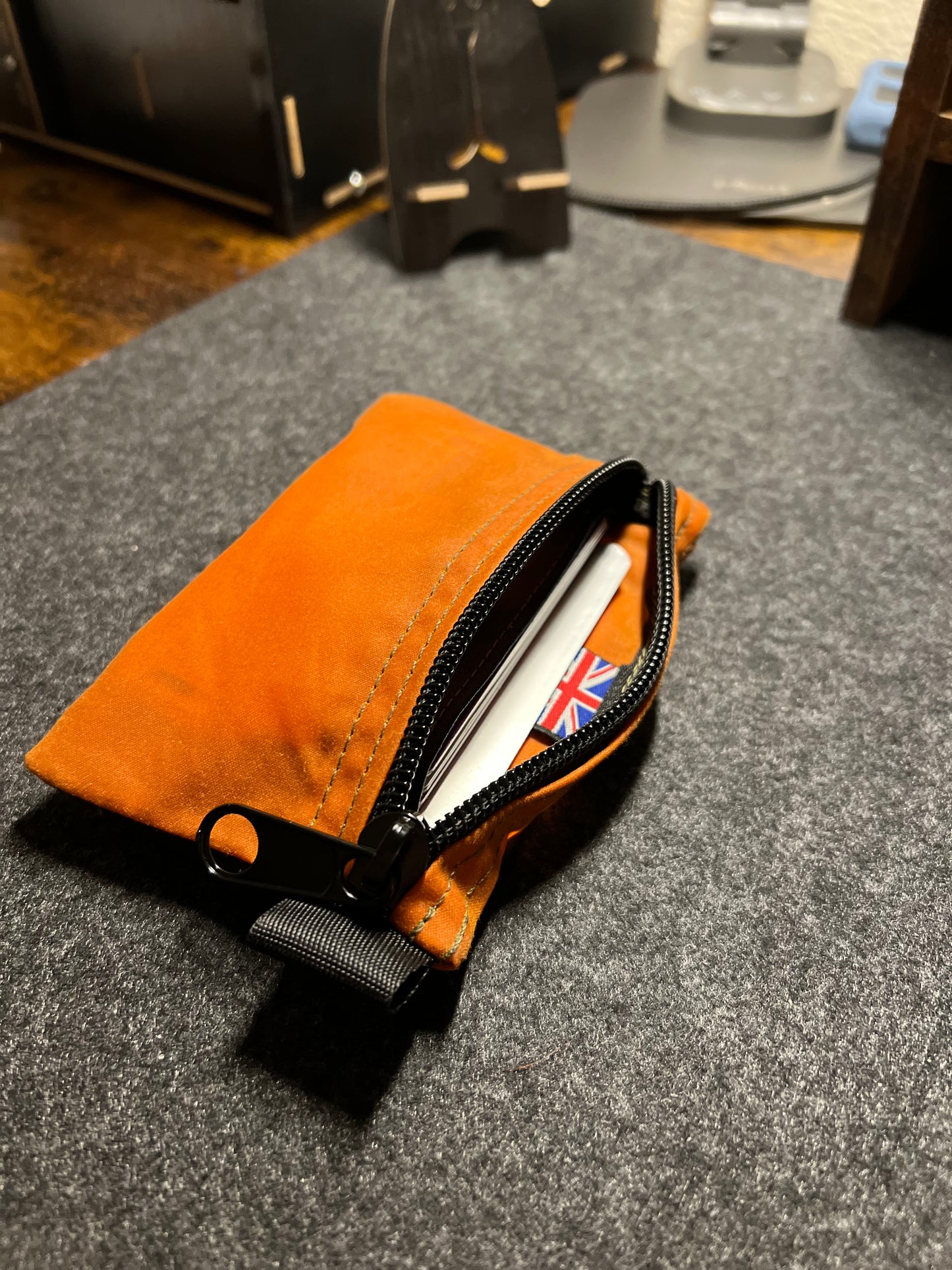 Pocket Wallet In Orange and Black Waxed Canvas With Extra Outside Pocket